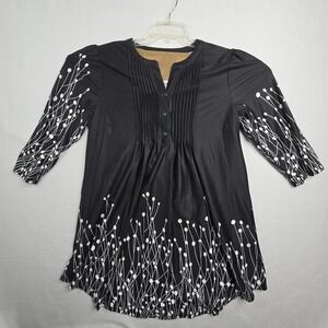 REBORN Black White Abstract‎ Dot Plant Print 3/4 Sleeve Pleated Tunic Top XL